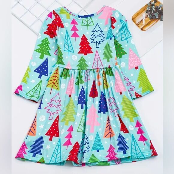 NWT Child Girls Blue Ballerina Dress Christmas Tree Print Holiday Dress - Size 5 - Picture 2 of 6
